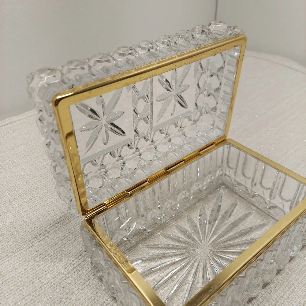 Vintage French Cut Lead Crystal Brass Vanity Jewelry Trinket Casket Box Hand Cut